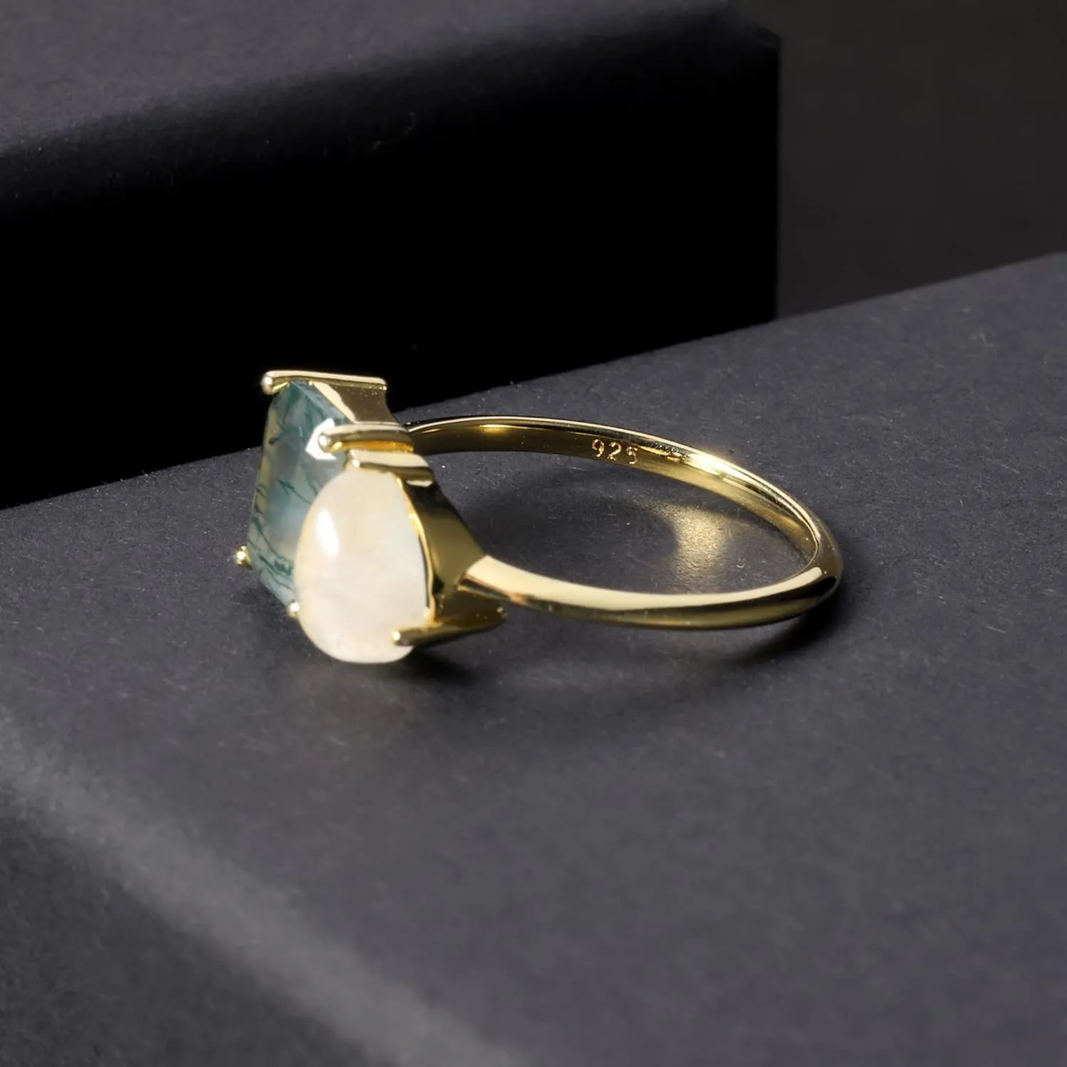 Gem's Beauty Green Moss Agate Rings 14K Gold/14K Rose Gold Three Stone Engagement Ring in 925 Sterling Silver Women's Gold Ring Gifts for Her