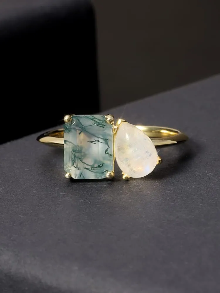 Gem's Beauty Green Moss Agate Rings 14K Gold/14K Rose Gold Three Stone Engagement Ring in 925 Sterling Silver Women's Gold Ring Gifts for Her