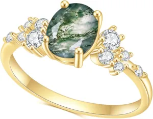 Gem's Beauty Green Moss Agate Rings 14K Gold/14K Rose Gold Three Stone Engagement Ring in 925 Sterling Silver Women's Gold Ring Gifts for Her