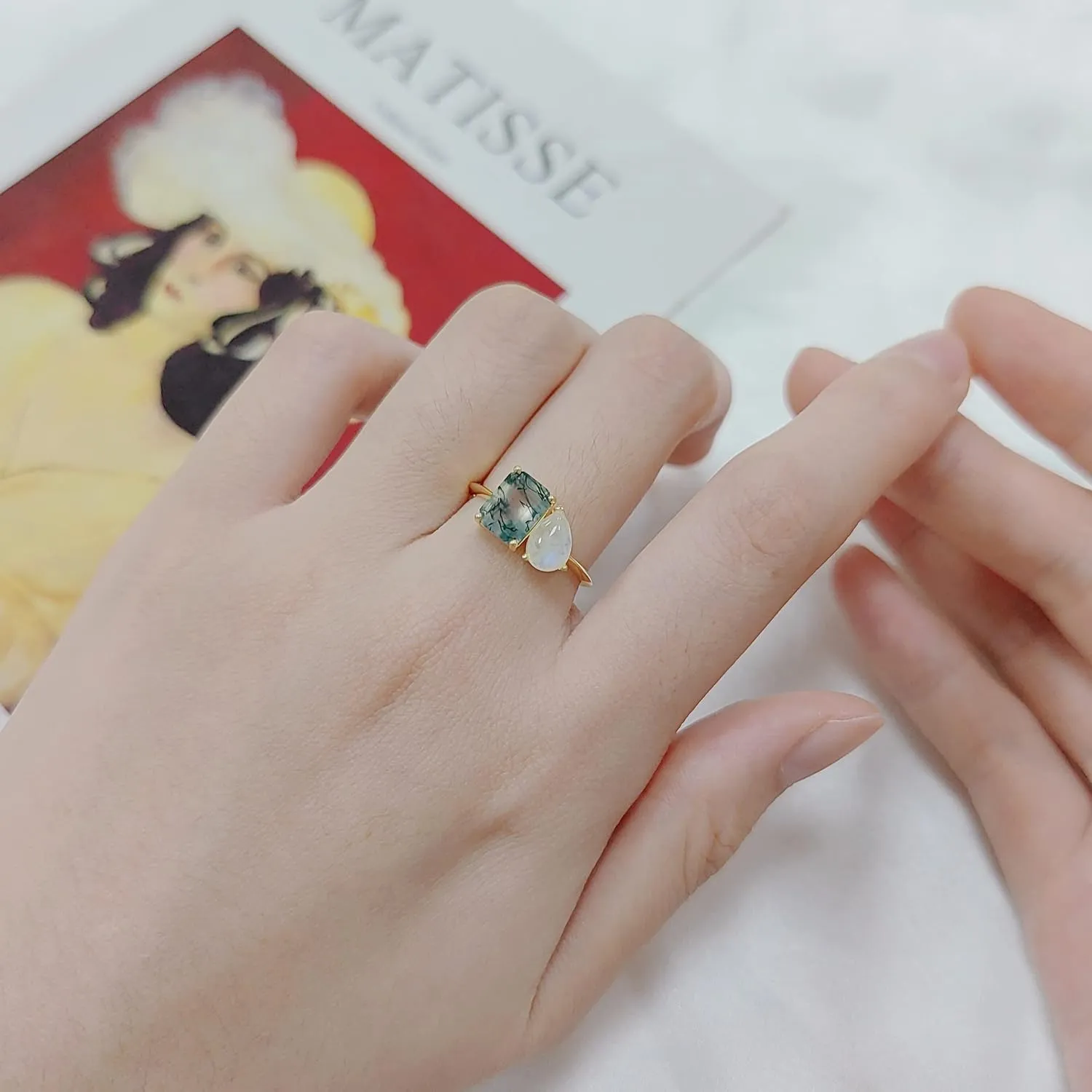 Gem's Beauty Green Moss Agate Rings 14K Gold/14K Rose Gold Three Stone Engagement Ring in 925 Sterling Silver Women's Gold Ring Gifts for Her