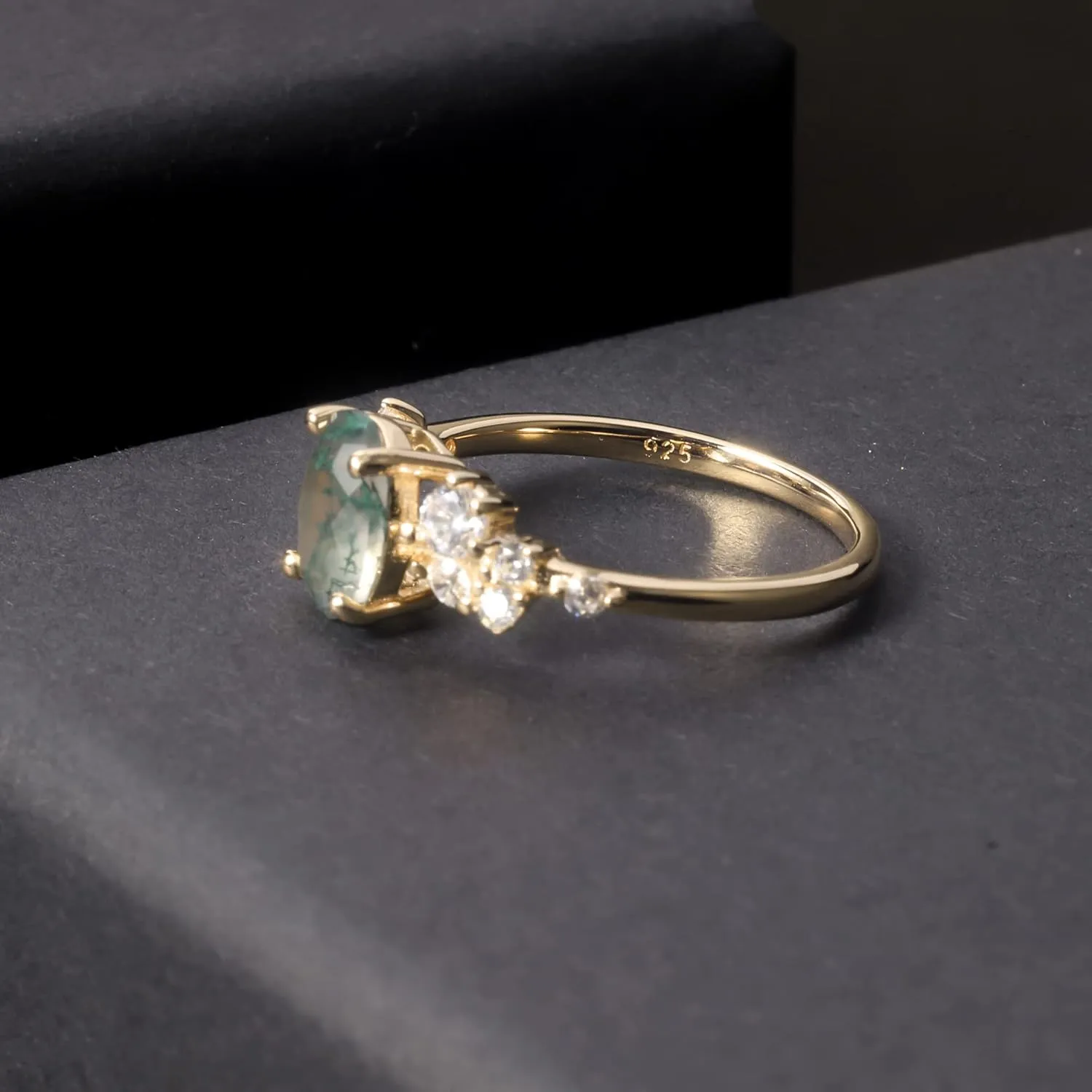 Gem's Beauty Green Moss Agate Rings 14K Gold/14K Rose Gold Three Stone Engagement Ring in 925 Sterling Silver Women's Gold Ring Gifts for Her