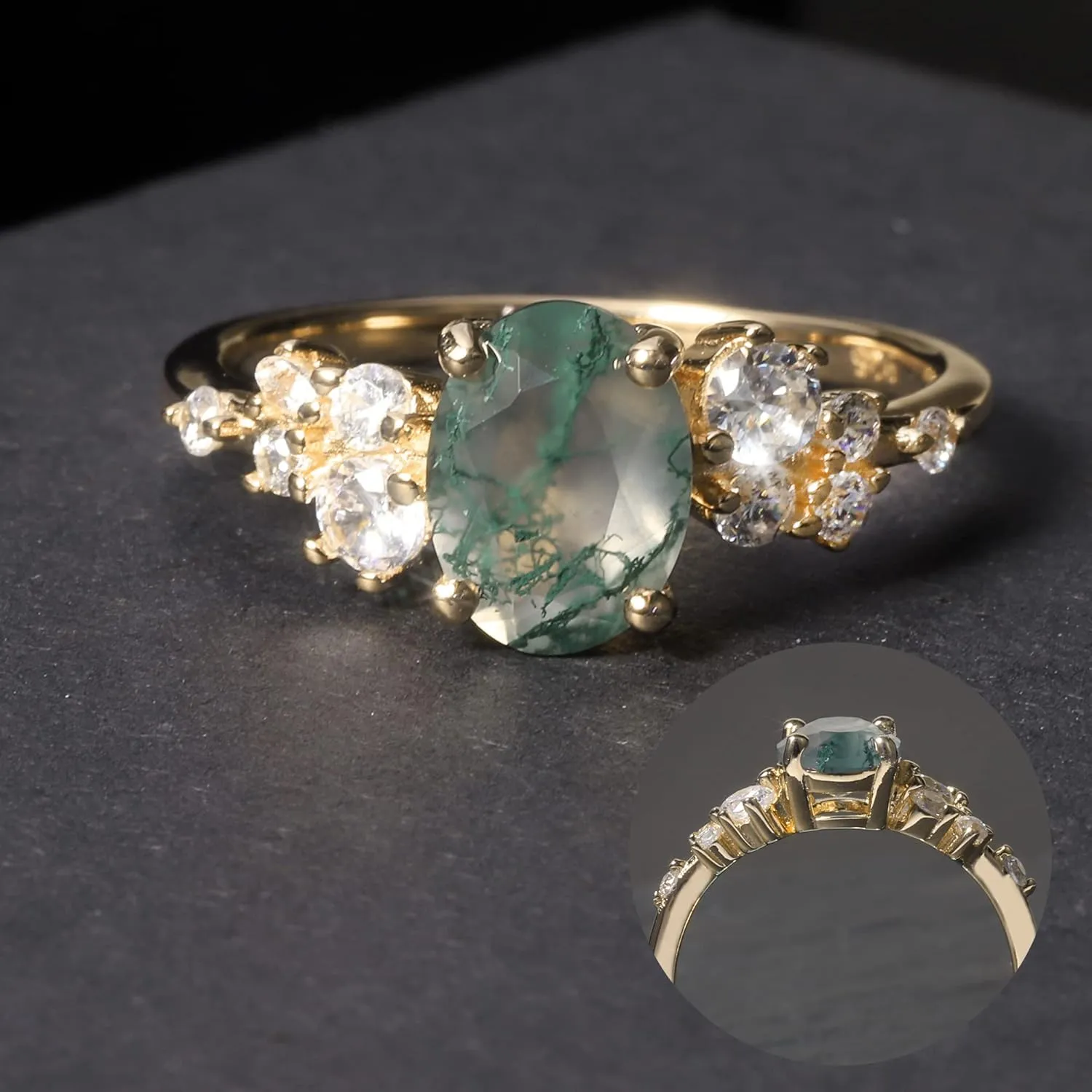 Gem's Beauty Green Moss Agate Rings 14K Gold/14K Rose Gold Three Stone Engagement Ring in 925 Sterling Silver Women's Gold Ring Gifts for Her