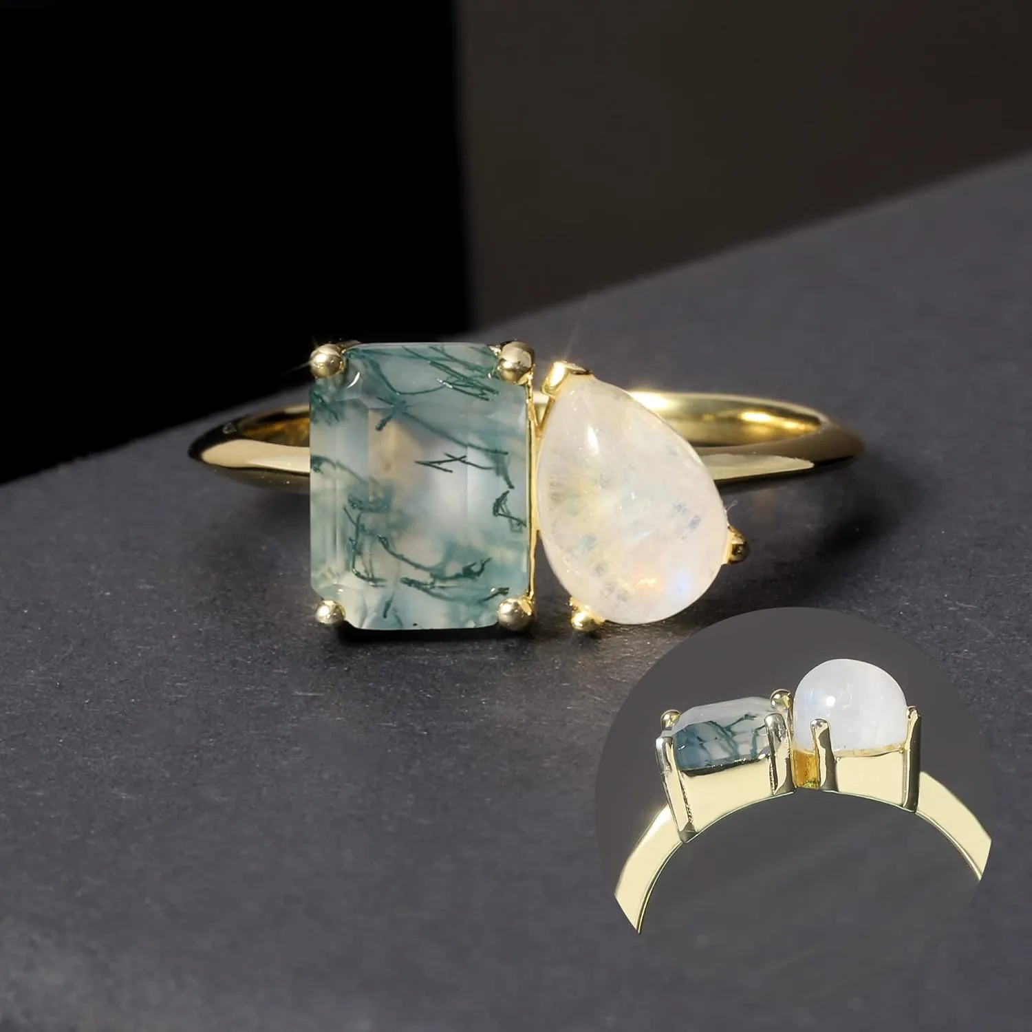 Gem's Beauty Green Moss Agate Rings 14K Gold/14K Rose Gold Three Stone Engagement Ring in 925 Sterling Silver Women's Gold Ring Gifts for Her