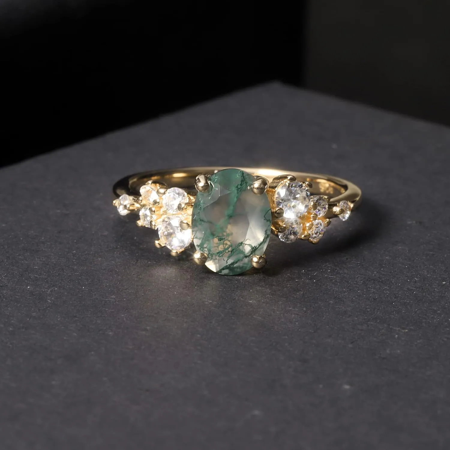Gem's Beauty Green Moss Agate Rings 14K Gold/14K Rose Gold Three Stone Engagement Ring in 925 Sterling Silver Women's Gold Ring Gifts for Her