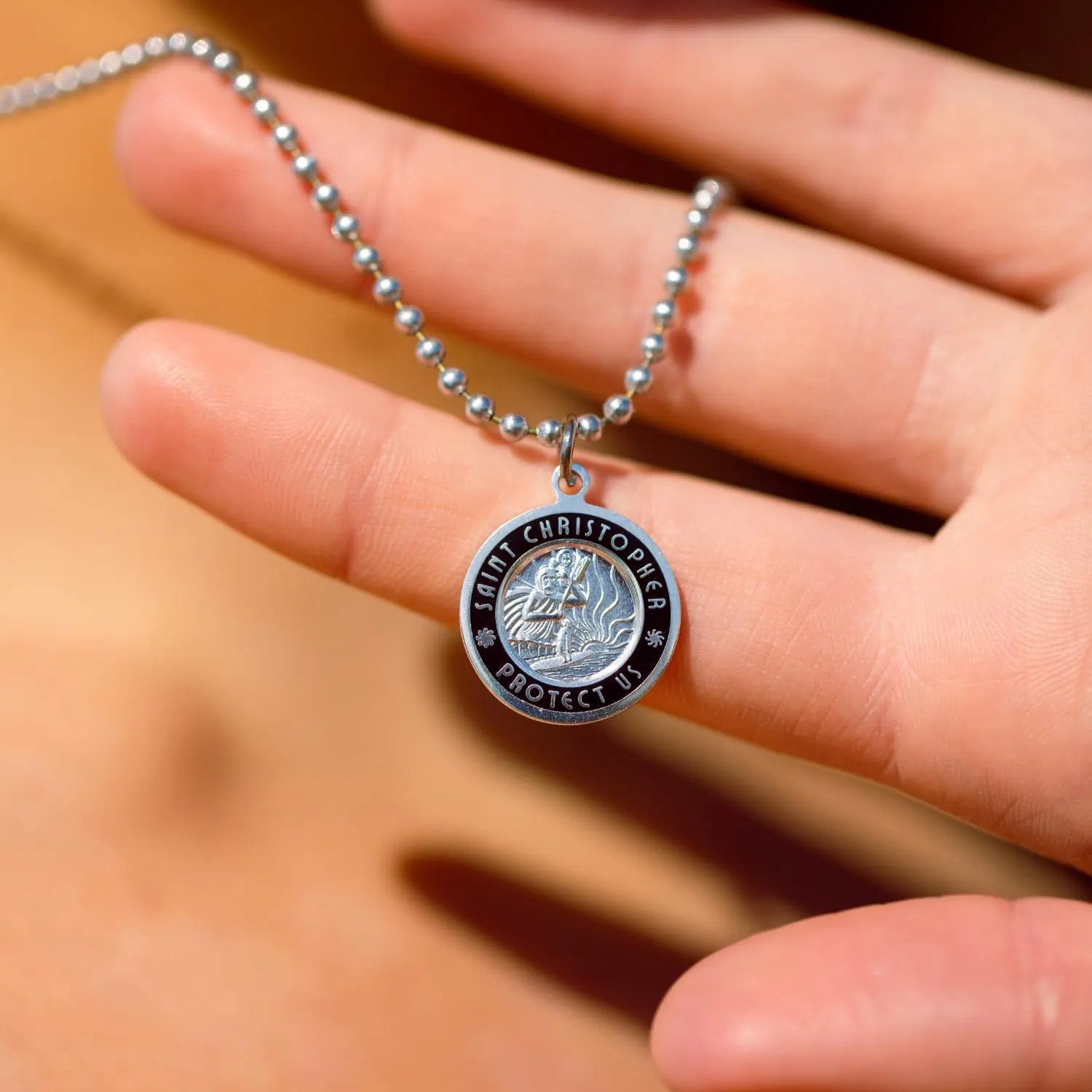 Get Back Necklaces St. Christopher Surf Necklace | Medium, 3/4 Silver Plated Medallion, 24 Aluminum Ball Chain