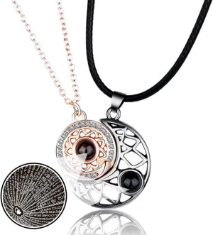 Gifts for Women Matching Necklace for Couples BFF - Sun and Moon Necklaces I Love You in 100 Languages Necklace for Beat Friends Couples as Valentines Day Gifts