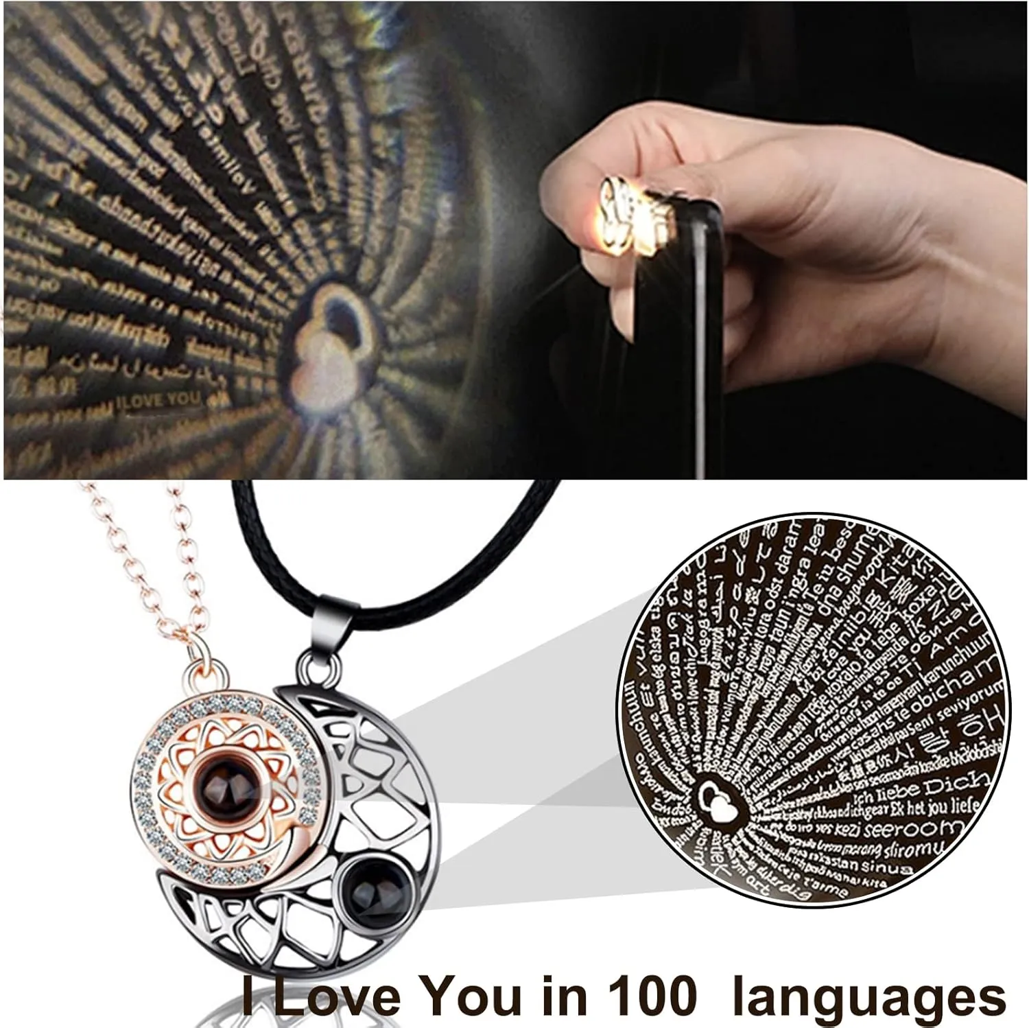 Gifts for Women Matching Necklace for Couples BFF - Sun and Moon Necklaces I Love You in 100 Languages Necklace for Beat Friends Couples as Valentines Day Gifts