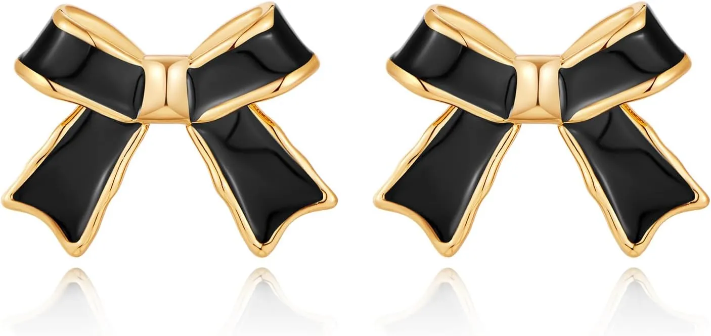 Gold Black Bow Stud Earrings Holiday Bow Jewelry for Women