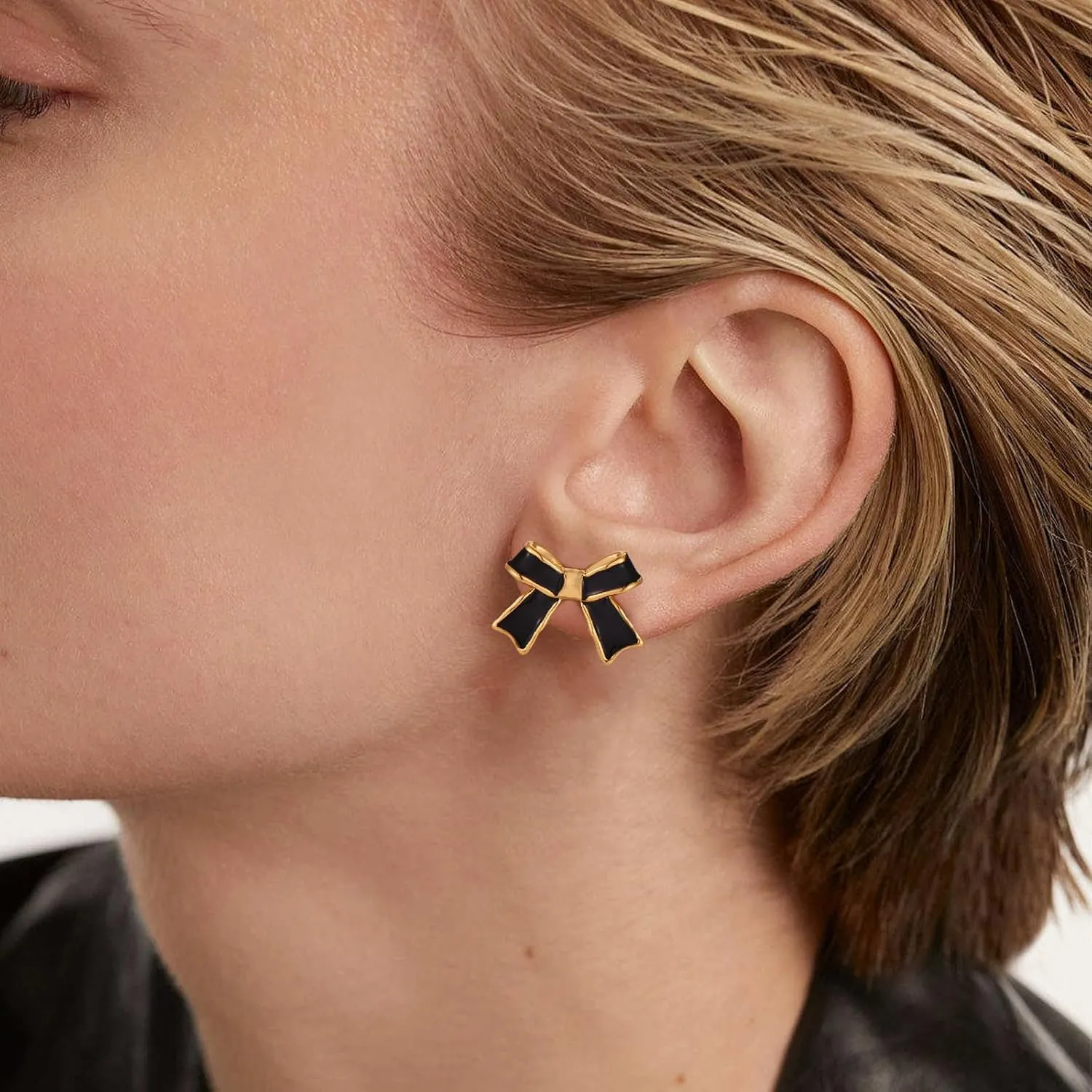 Gold Black Bow Stud Earrings Holiday Bow Jewelry for Women