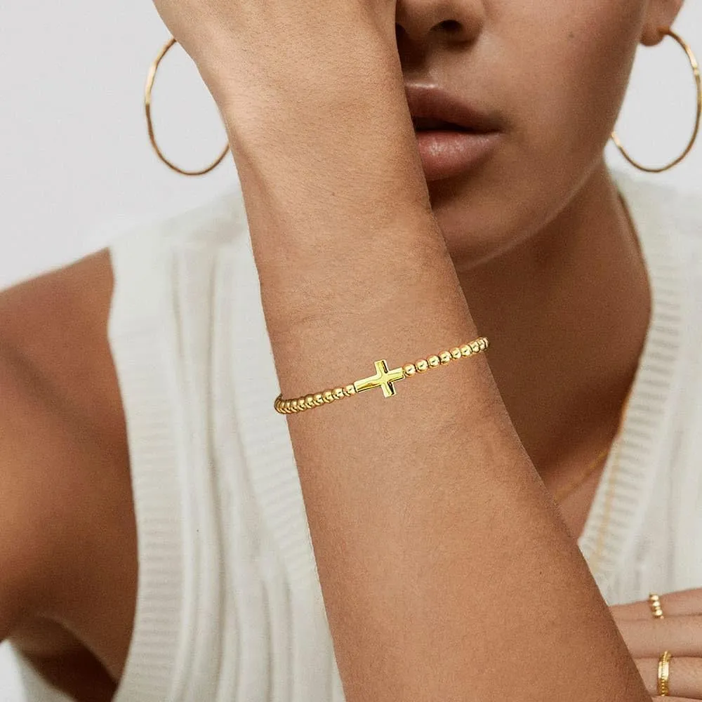 Gold Bracelets for Women 14K Gold Plated Beaded Bracelets Gold Stretch Bead Bracelet Handmade Ball Charm Bracelet Dainty Gold Jewelry Gifts for Women