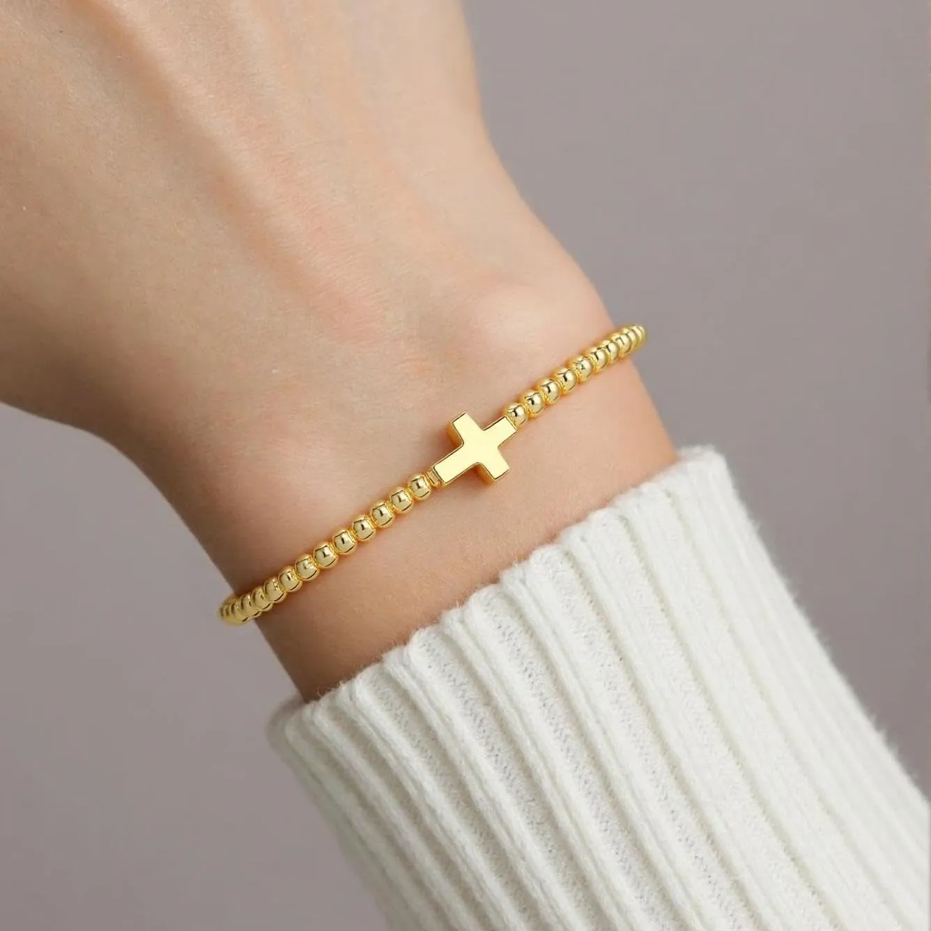 Gold Bracelets for Women 14K Gold Plated Beaded Bracelets Gold Stretch Bead Bracelet Handmade Ball Charm Bracelet Dainty Gold Jewelry Gifts for Women