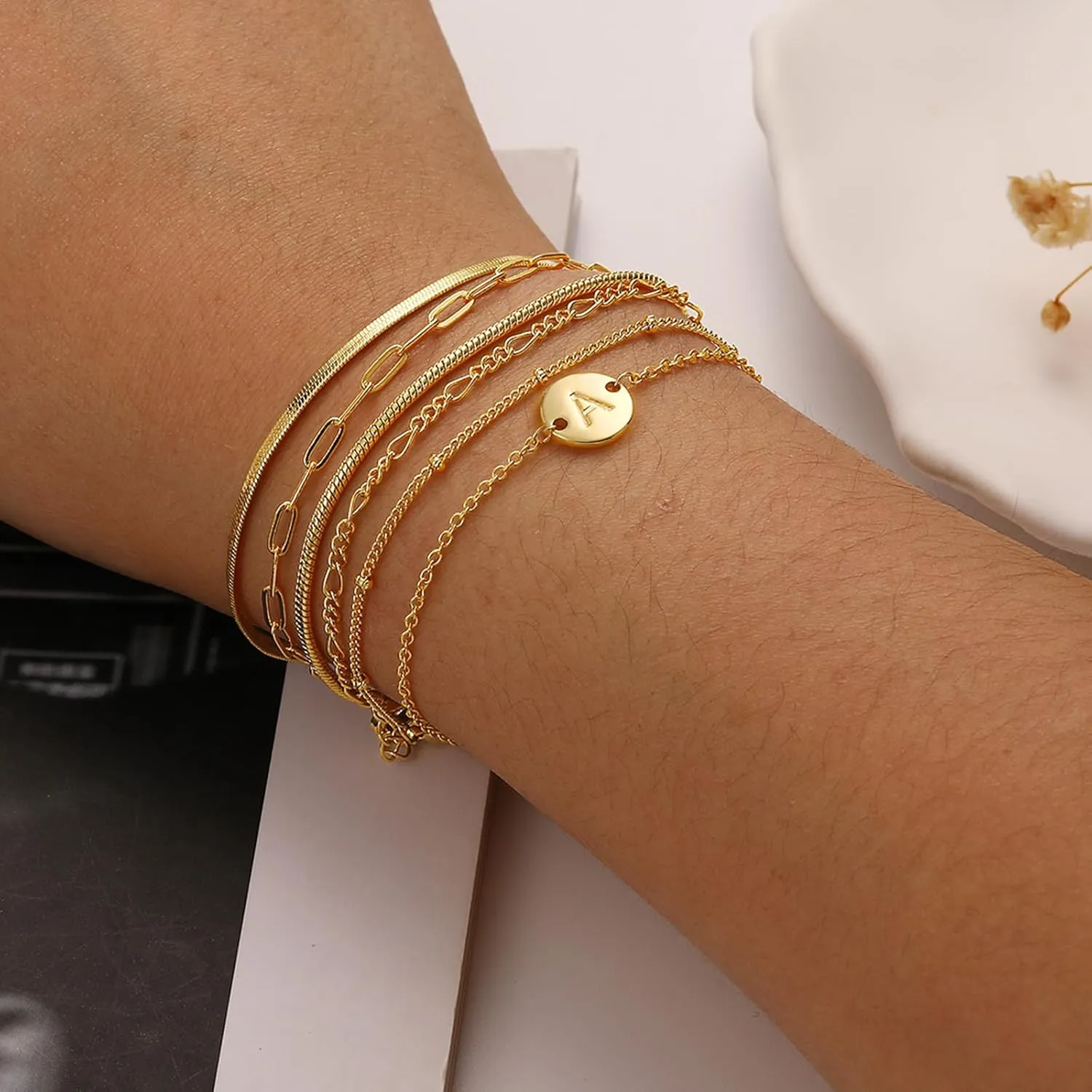 Gold Bracelets for Women, 6PCS 14K Real Gold Plated Letter A-Z Stackable Jewelry Set for Adjustable 6" 2"