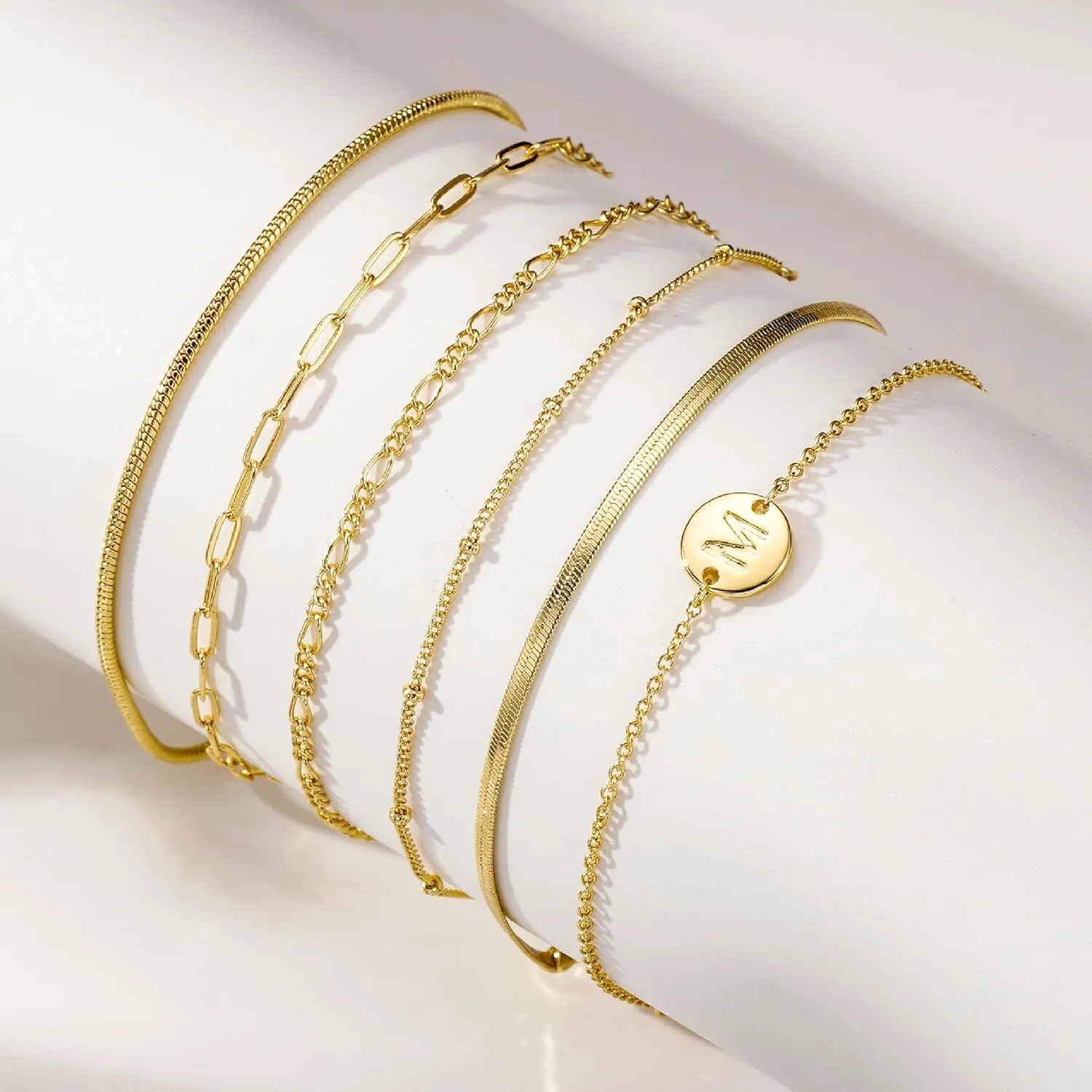 Gold Bracelets for Women, 6PCS 14K Real Gold Plated Letter A-Z Stackable Jewelry Set for Adjustable 6" 2"