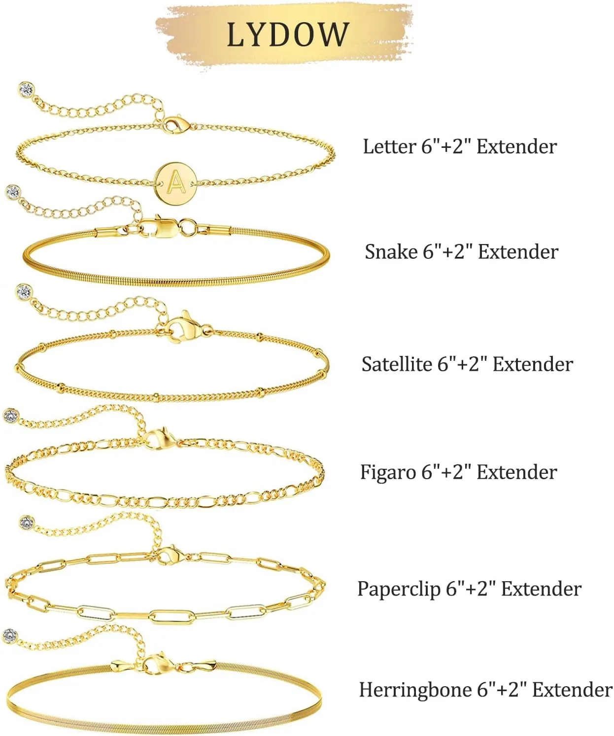 Gold Bracelets for Women, 6PCS 14K Real Gold Plated Letter A-Z Stackable Jewelry Set for Adjustable 6" 2"
