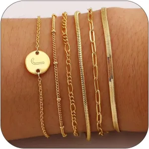 Gold Bracelets for Women, 6PCS 14K Real Gold Plated Letter A-Z Stackable Jewelry Set for Adjustable 6" 2"