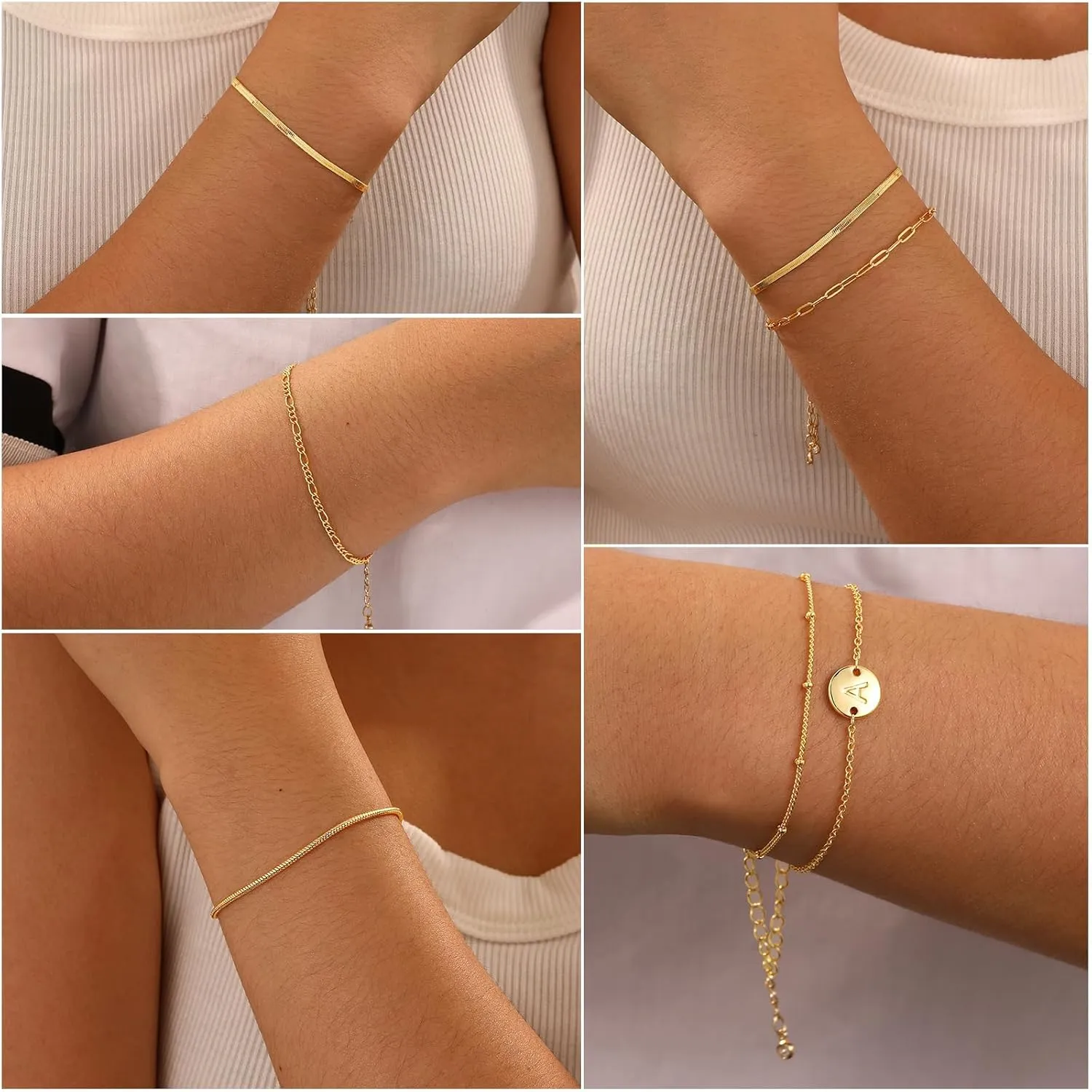 Gold Bracelets for Women, 6PCS 14K Real Gold Plated Letter A-Z Stackable Jewelry Set for Adjustable 6" 2"