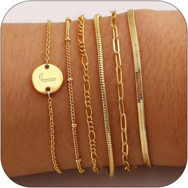 Gold Bracelets for Women, 6PCS 14K Real Gold Plated Letter A-Z Stackable Jewelry Set for Adjustable 6" 2"