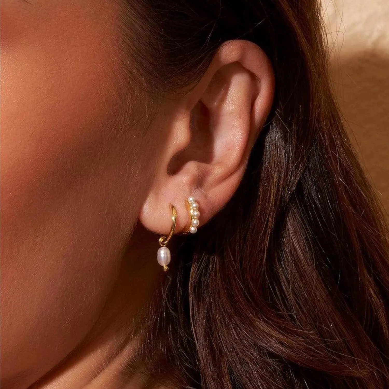 Gold Earrings for Women, 14k Gold Plated Earring Stack Hypoallergenic Pearl Drop Earring Dainty Gold Earrings for Women Trendy Cute Small Huggie Hoop Earring Fashion Womens Jewelry