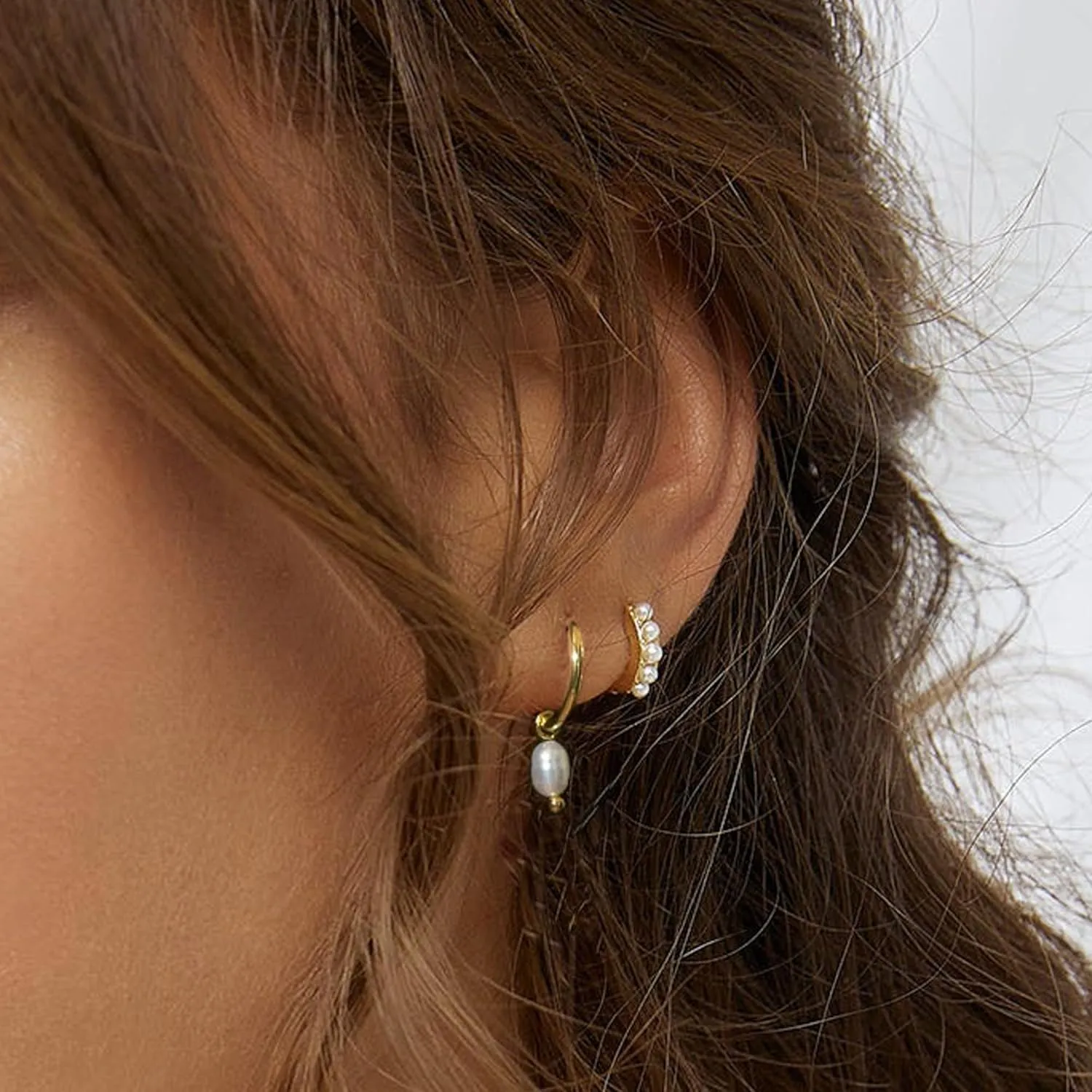 Gold Earrings for Women, 14k Gold Plated Earring Stack Hypoallergenic Pearl Drop Earring Dainty Gold Earrings for Women Trendy Cute Small Huggie Hoop Earring Fashion Womens Jewelry