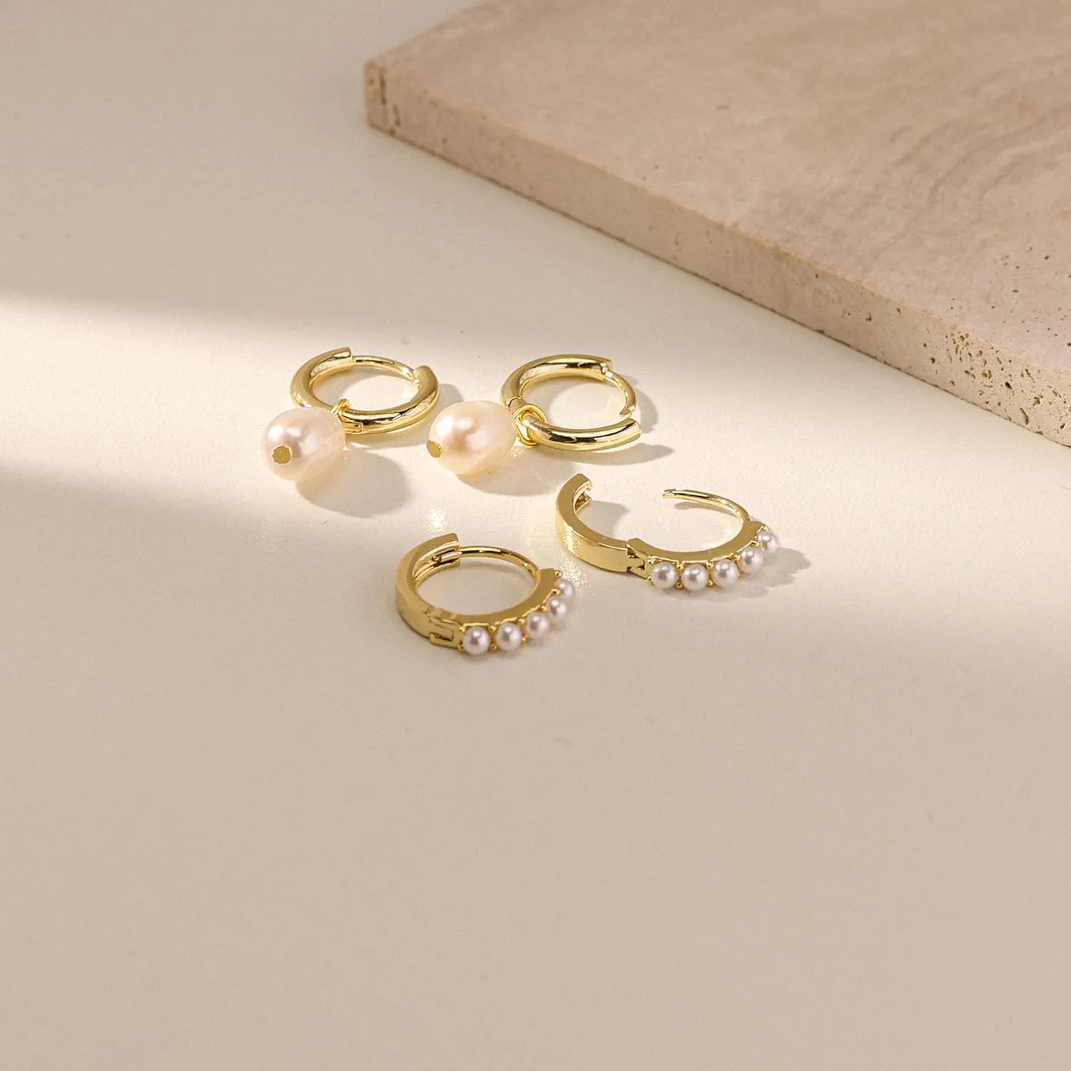 Gold Earrings for Women, 14k Gold Plated Earring Stack Hypoallergenic Pearl Drop Earring Dainty Gold Earrings for Women Trendy Cute Small Huggie Hoop Earring Fashion Womens Jewelry