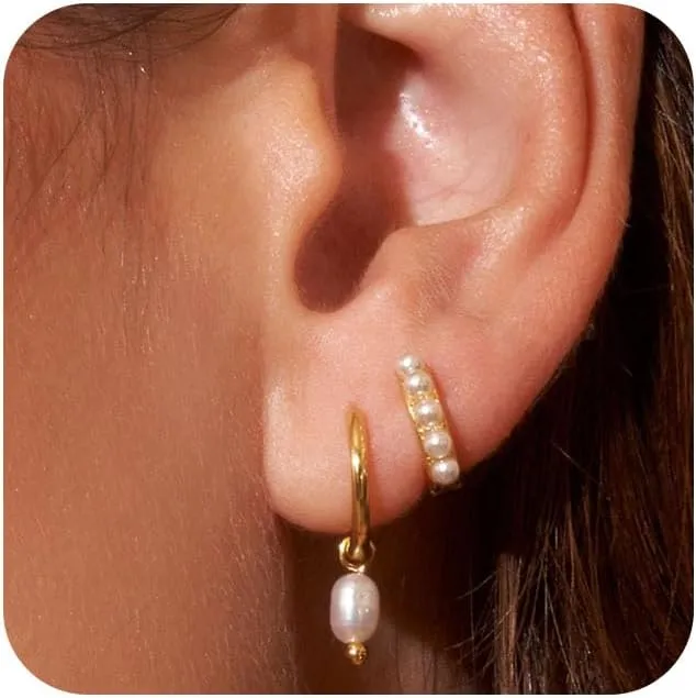 Gold Earrings for Women, 14k Gold Plated Earring Stack Hypoallergenic Pearl Drop Earring Dainty Gold Earrings for Women Trendy Cute Small Huggie Hoop Earring Fashion Womens Jewelry