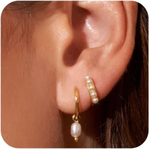 Gold Earrings for Women, 14k Gold Plated Earring Stack Hypoallergenic Pearl Drop Earring Dainty Gold Earrings for Women Trendy Cute Small Huggie Hoop Earring Fashion Womens Jewelry