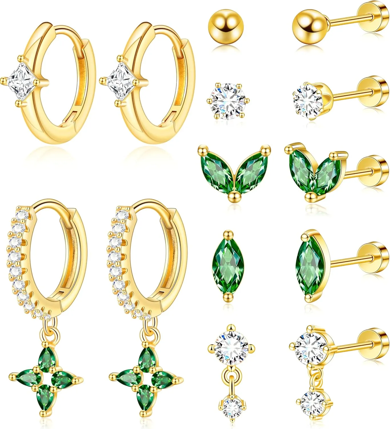 Gold Flat Back Stud Earrings Set Surgical Stainless Steel Dainty Cartilage Earring Pack for Women Men