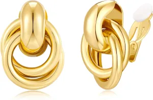 Gold Geometric Clip On Earrings for Women 18K Chunky Gold Knot Link Clip Earrings Trendy Jewelry