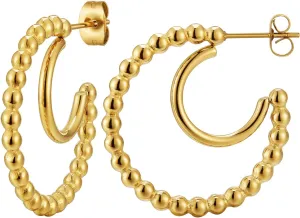 Gold Hoop Earrings for Women 14K Gold Beaded Hoop Earring Hypoallergenic Twisted Rope Hoop Earrings Stainless Steel Chunky Double Hoop Earrings Open Hoop Earrings Gold Jewelry Gifts