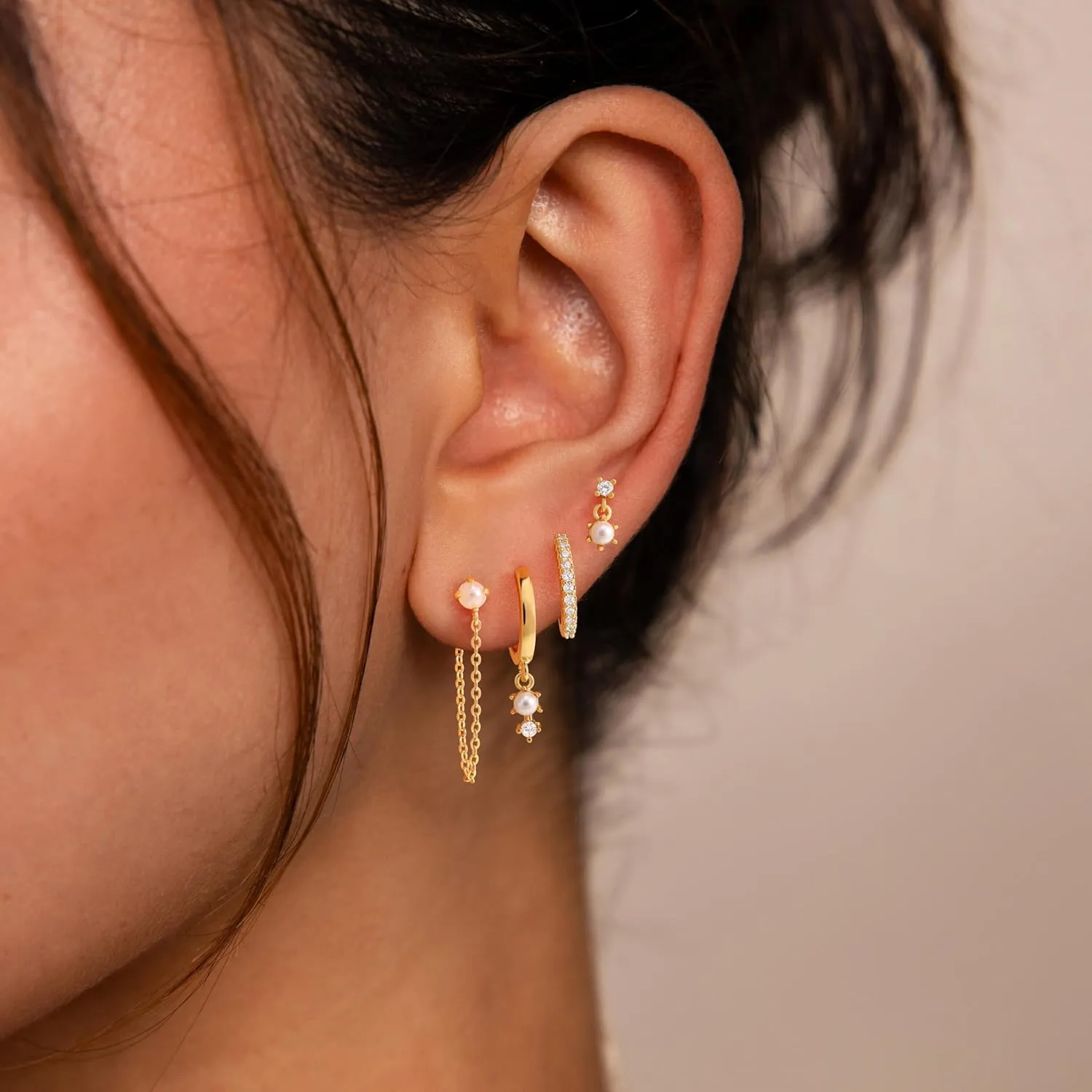 Gold Hoop Earrings for Women, Dainty Stud and Pearl Earring Set, Hypoallergenic Cartilage Earrings for Multiple Piercing, Small Trendy Jewelry