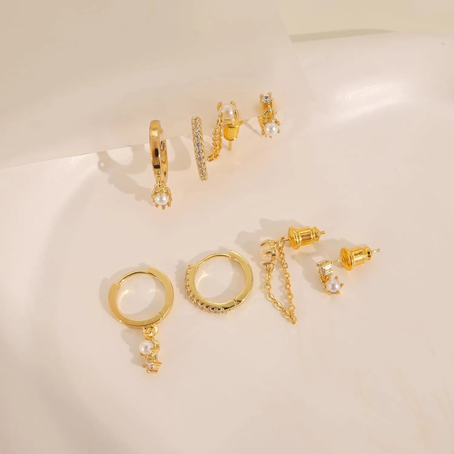 Gold Hoop Earrings for Women, Dainty Stud and Pearl Earring Set, Hypoallergenic Cartilage Earrings for Multiple Piercing, Small Trendy Jewelry