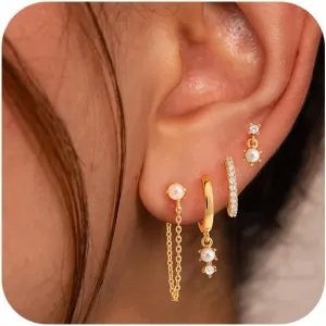 Gold Hoop Earrings for Women, Dainty Stud and Pearl Earring Set, Hypoallergenic Cartilage Earrings for Multiple Piercing, Small Trendy Jewelry