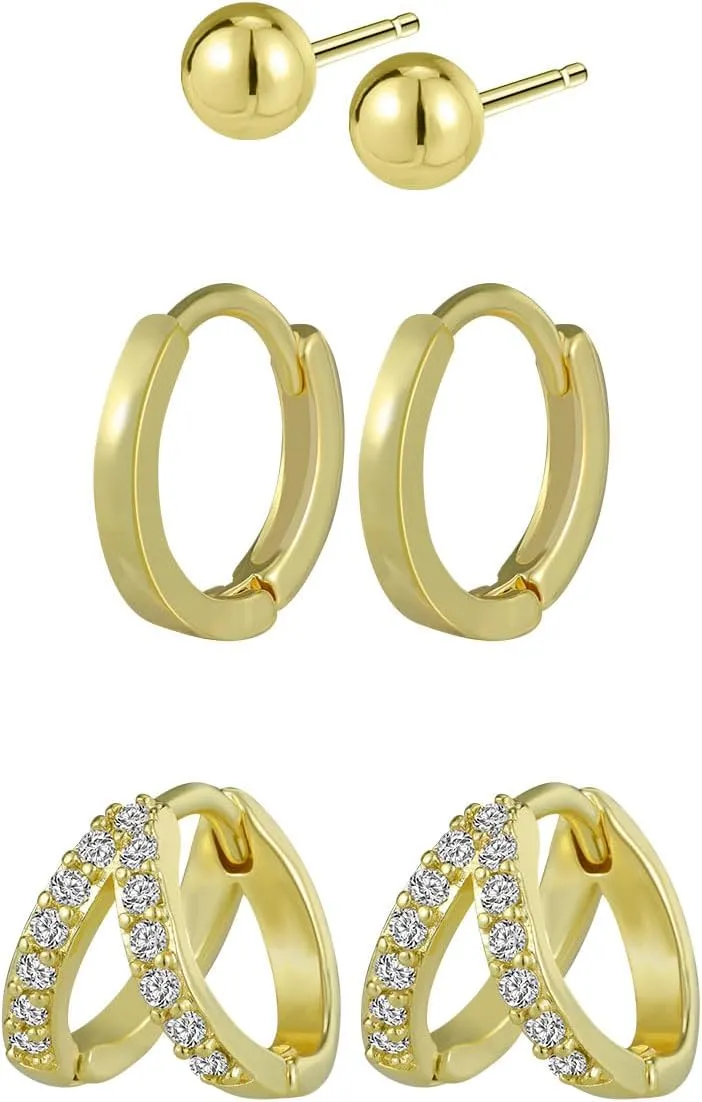 Gold Hoop Earrings Set, 14K Gold-plated Chunky Huggie Stud Earrings, Rhinestone Ear Cuff Cartilage Clip Cubic Zirconia Earrings Small Leaf Heart Butterfly Earrings Jewelry Gift for Women Girls
