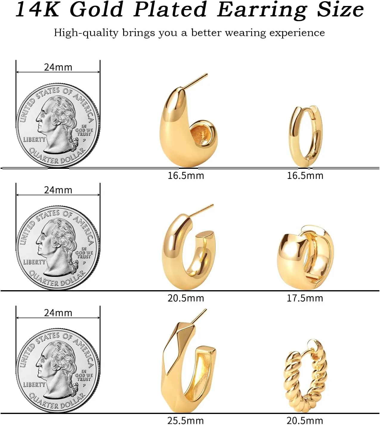 Gold Hoop Earrings Set 14k Real Gold Plated Huggie Earrings Hypoallergenic Chunky Twisted Thick Jewelry for Multiple Piercing Christmas Gift for Women