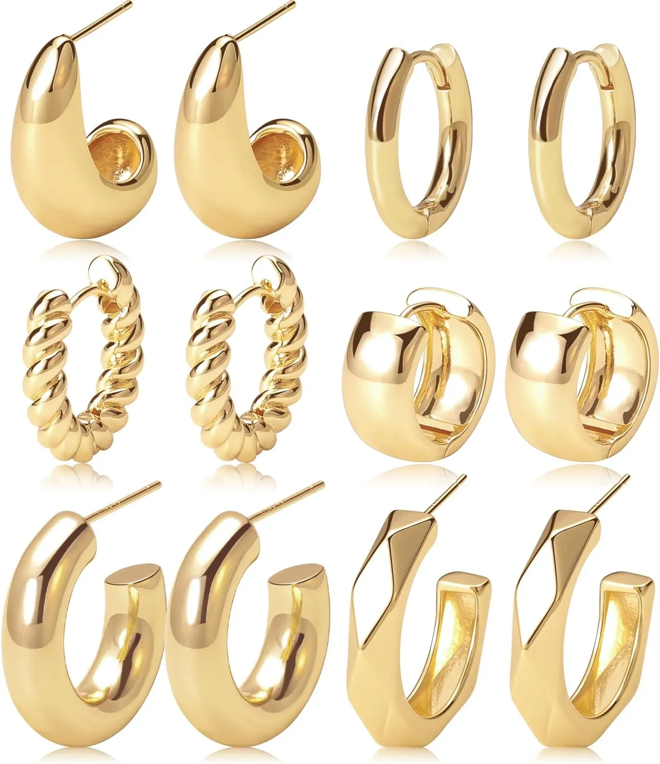 Gold Hoop Earrings Set 14k Real Gold Plated Huggie Earrings Hypoallergenic Chunky Twisted Thick Jewelry for Multiple Piercing Christmas Gift for Women