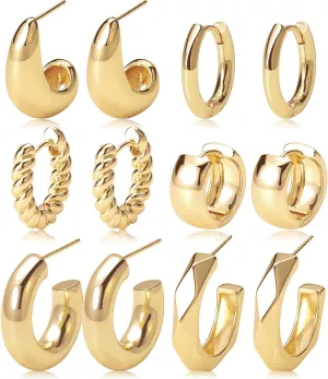 Gold Hoop Earrings Set 14k Real Gold Plated Huggie Earrings Hypoallergenic Chunky Twisted Thick Jewelry for Multiple Piercing Christmas Gift for Women