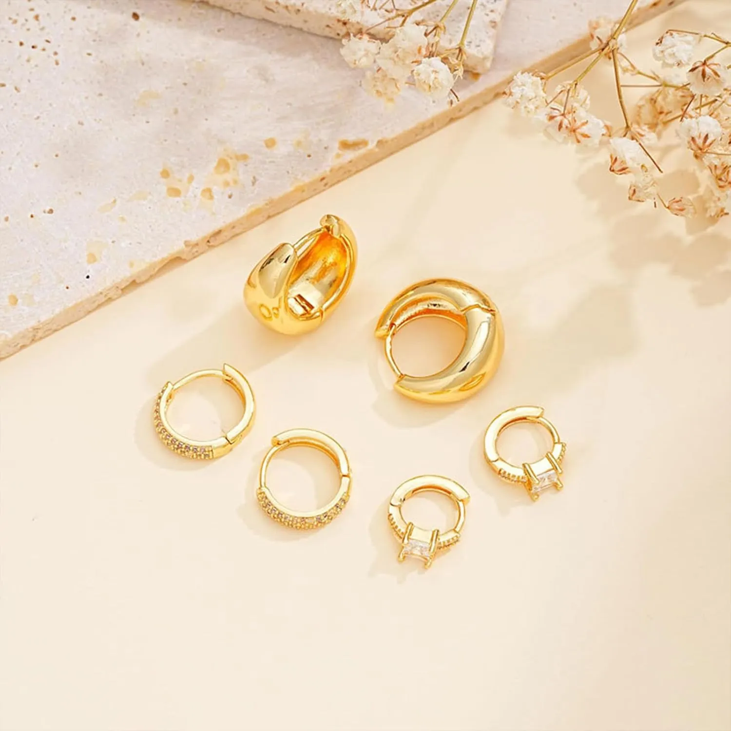 Gold Hoop Earrings Set for Women Chunky Hypoallergenic Open Huggie Hoops Earring Plated Stack Earring Lightweight Trendy Small Cute for Multiple Piercing