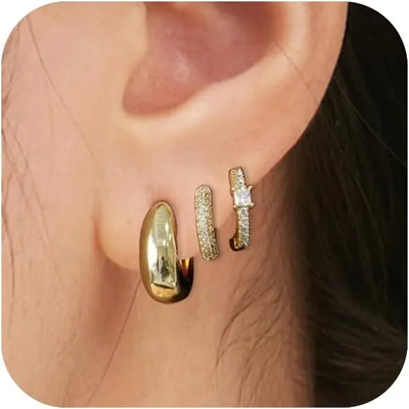 Gold Hoop Earrings Set for Women Chunky Hypoallergenic Open Huggie Hoops Earring Plated Stack Earring Lightweight Trendy Small Cute for Multiple Piercing
