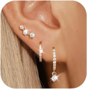 Gold Hoop Earrings Set for Women,Dainty14K Gold Plated Crawler Earring Stacks,Sterling Silver Lightweight Cartilage Stackable Earring Stack,Dangle Hoop Earrings Sets For Multiple Piercing Jewelry