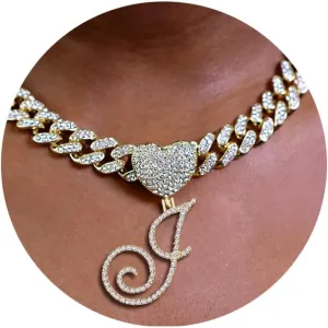 Gold Initial Cuban Link Chain for Women Miami Iced Out Chain for women Bling Diamond Chain Necklace Hip Hop Jewelry