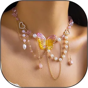 Gold Pearl Butterfly Pendant Necklace for Women Boho Adjustable Layered Butterfly Heart Choker Two Tone Butterfly Bead Clavicle Chain Jewelry Gift
