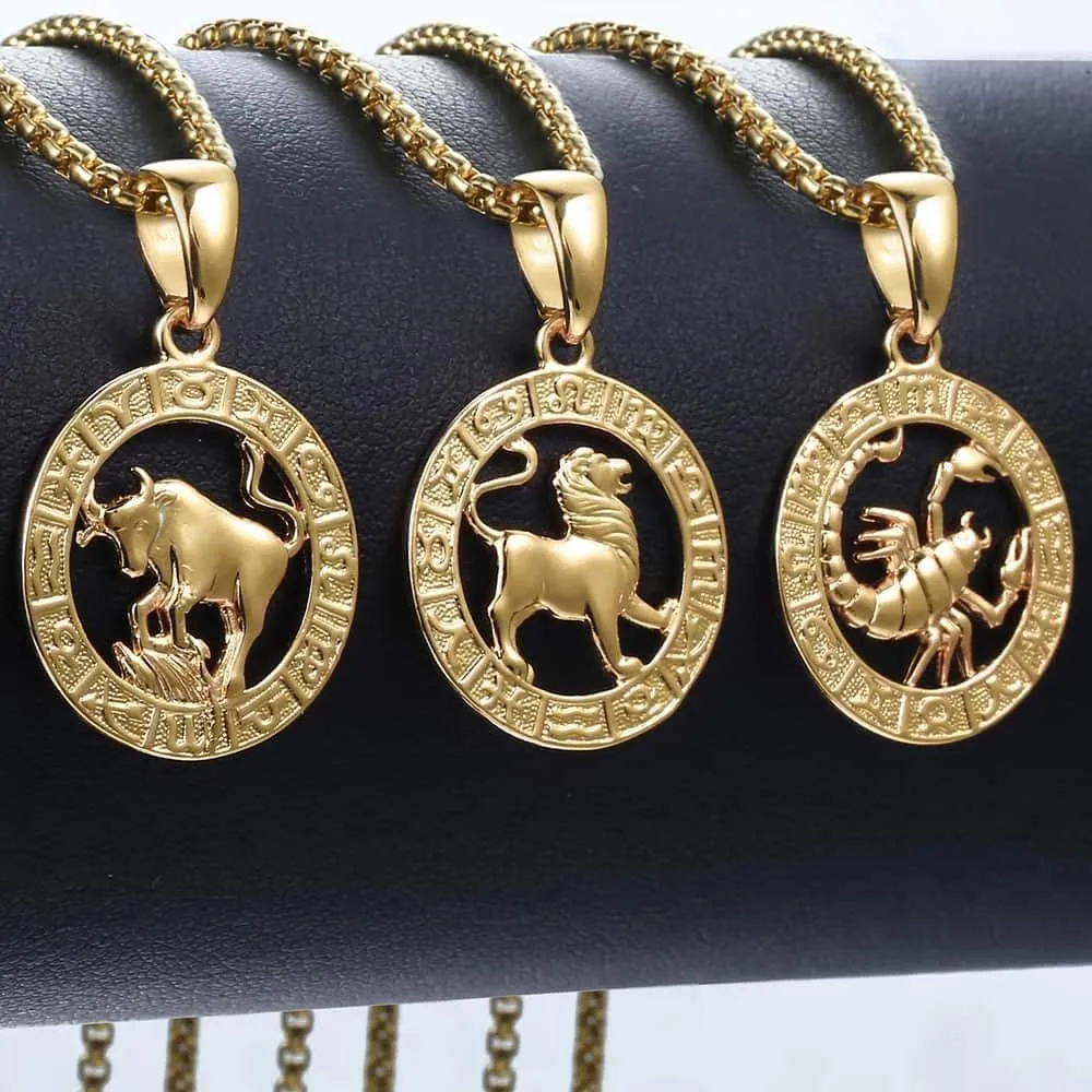 Gold Plated Zodiac Sign Pendant Necklace for Women Men Leo AriesConstellation Horoscope Pendant Stainless Steel Box Link Chain 22inch