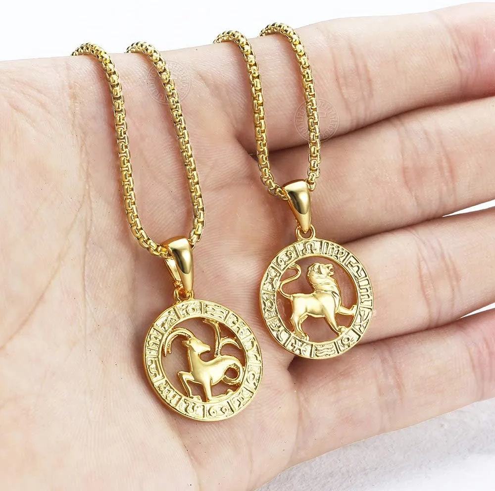 Gold Plated Zodiac Sign Pendant Necklace for Women Men Leo AriesConstellation Horoscope Pendant Stainless Steel Box Link Chain 22inch