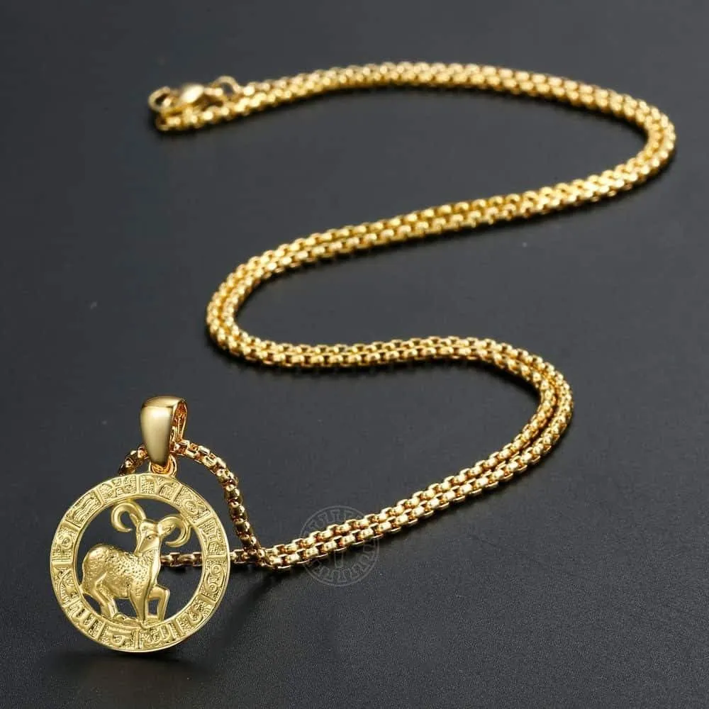 Gold Plated Zodiac Sign Pendant Necklace for Women Men Leo AriesConstellation Horoscope Pendant Stainless Steel Box Link Chain 22inch