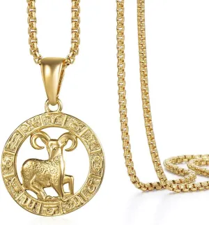 Gold Plated Zodiac Sign Pendant Necklace for Women Men Leo AriesConstellation Horoscope Pendant Stainless Steel Box Link Chain 22inch
