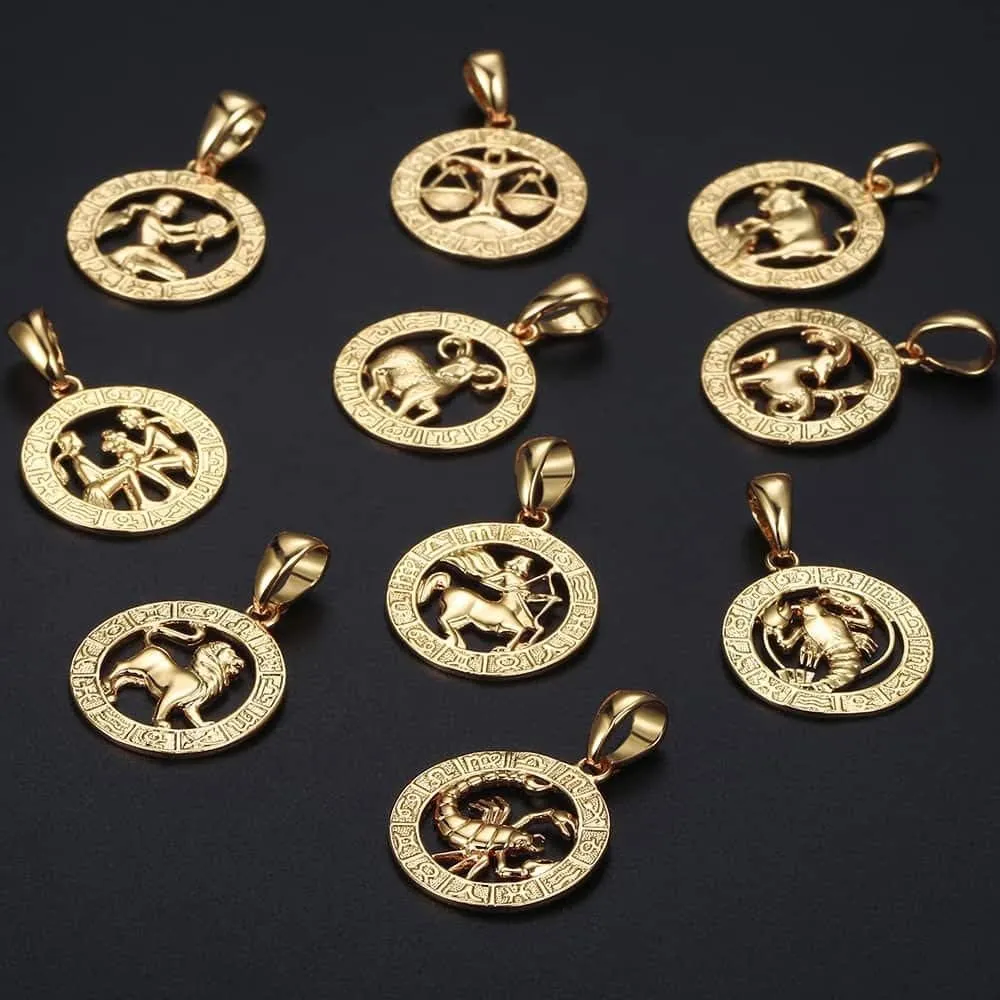 Gold Plated Zodiac Sign Pendant Necklace for Women Men Leo AriesConstellation Horoscope Pendant Stainless Steel Box Link Chain 22inch