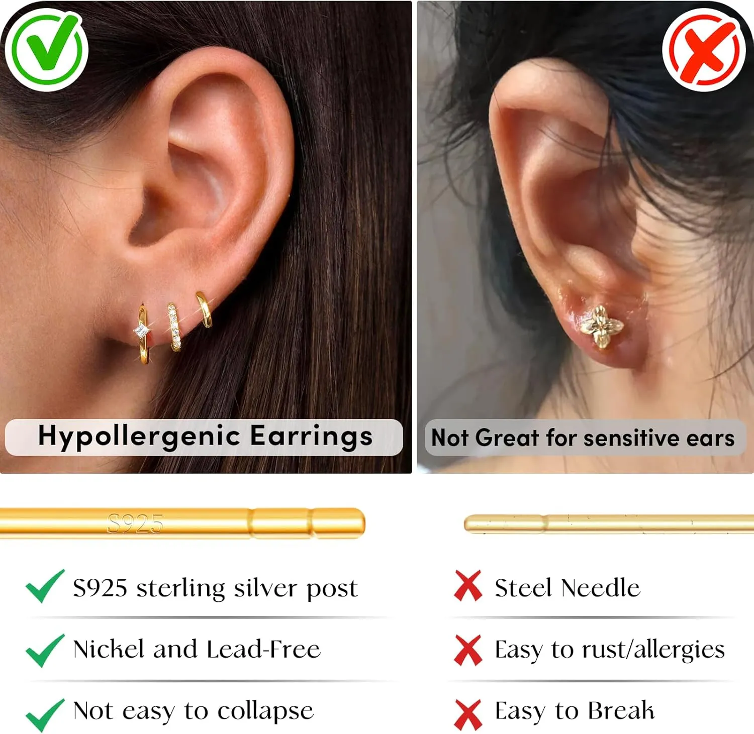 Gold Silver Earrings for Women, 14K Gold Silver Plated Stud Earrings Set for Multiple Piercing, Hypoallergenic Dainty Small Gold Silver Hoop Earrings for Women Trendy Cartilage Earrings Stack Jewelry