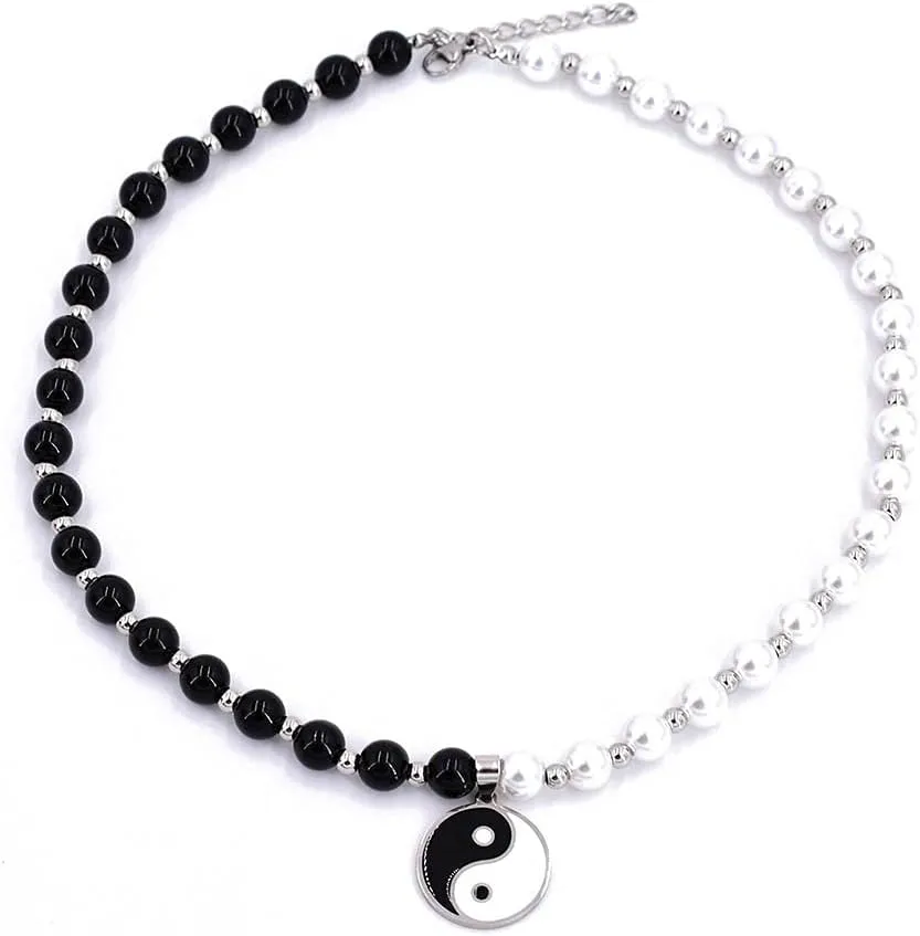 Goth Yin Yang Pearl Necklace for Men Women Black White Beaded Choker Necklaces Mens Stainless Steel Jewelry