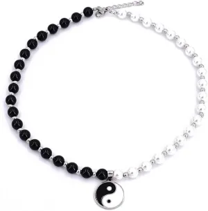 Goth Yin Yang Pearl Necklace for Men Women Black White Beaded Choker Necklaces Mens Stainless Steel Jewelry