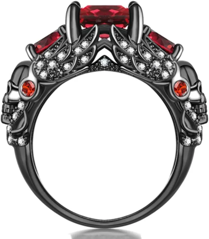 Gothic Black Skull Rings Red Purple Crystal Ring Cocktail Party Halloween Biker Rings for Women Christmas Gifts
